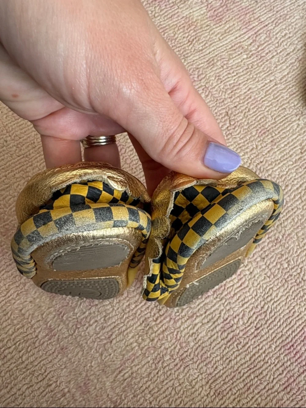 Freshly Picked White Patterned Moccasins & Gold Hufflepuff Soft Soles